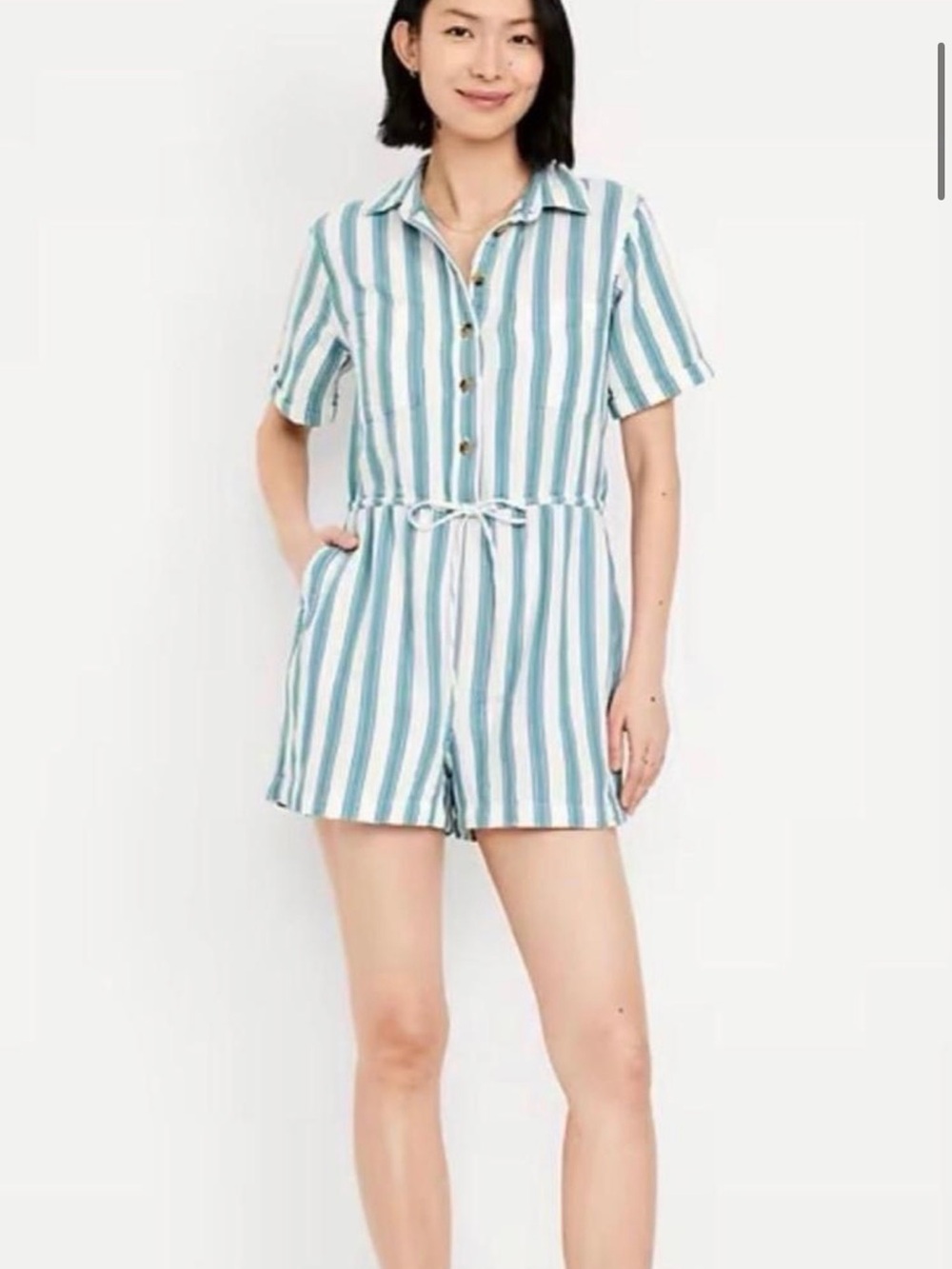 Old Navy Blue & White Striped Button Romper